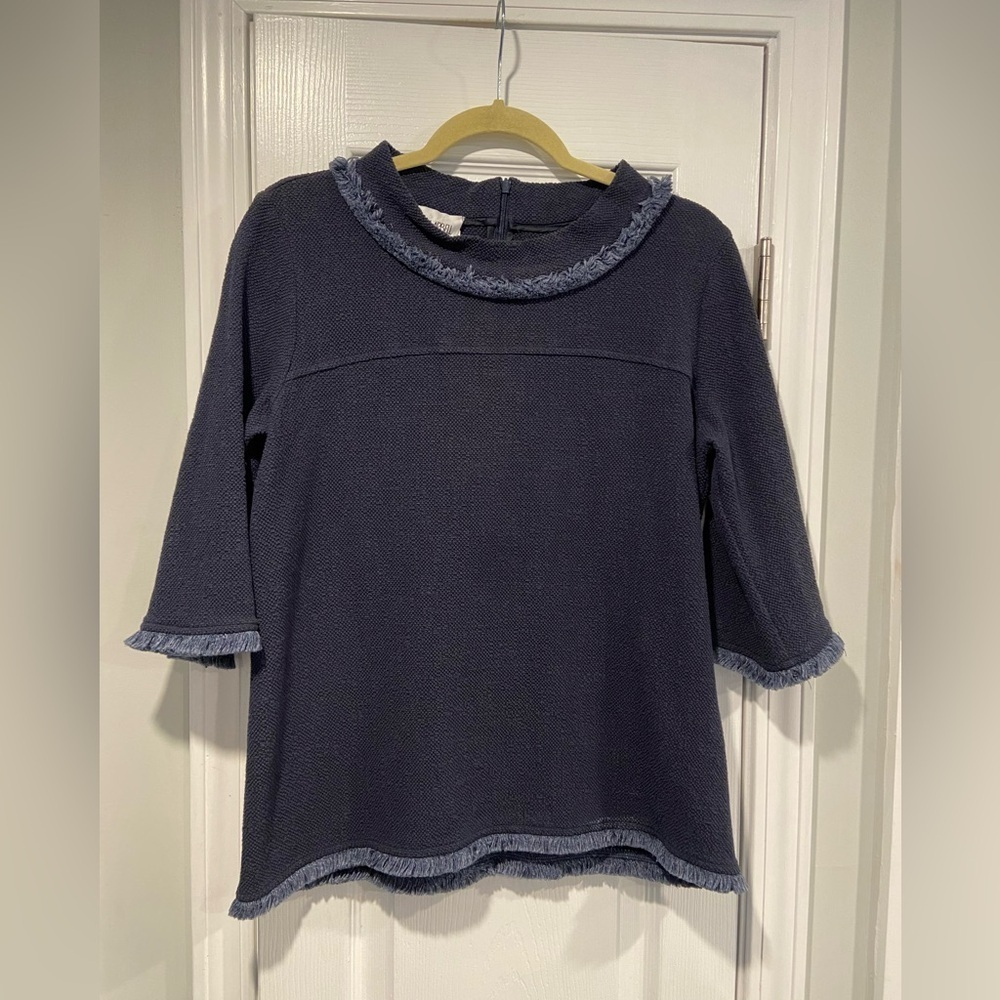 Sara Campbell Size M Navy Fringe Knit Top Made in USA Coastal Boucle Classic